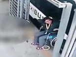 Mexican woman in wheelchair and walks away from moving bus