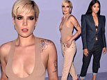 Halsey rocks pants over tan leotard at Tom Ford  show